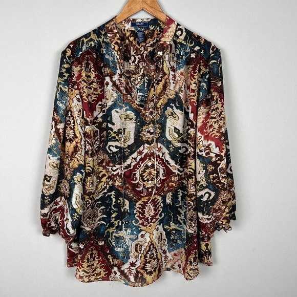Chaps Blouse Top‎ 3X Multicolor Printed Sheer Balloon Sleeve V-Neck Womens Plus - Picture 1 of 11